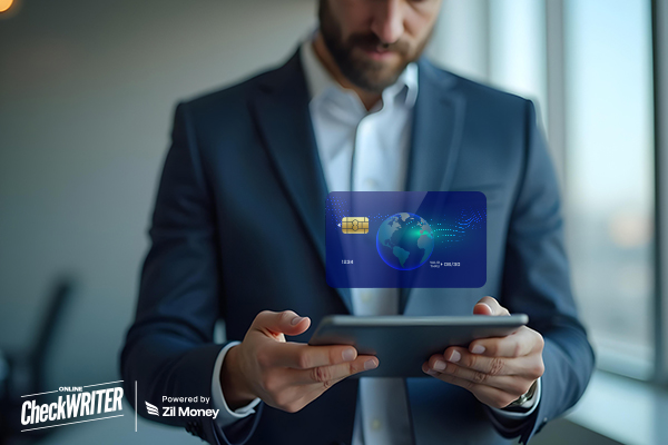 Man in a Suit Holds a Tablet Displaying a Secure New York Corporate Cards Design with a Globe and Chip.