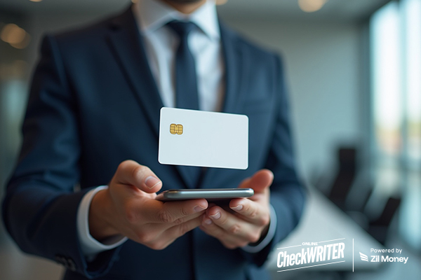 Man in a suit holds a phone from which a blank chip card hovers, representing secure North Carolina Business Cards.