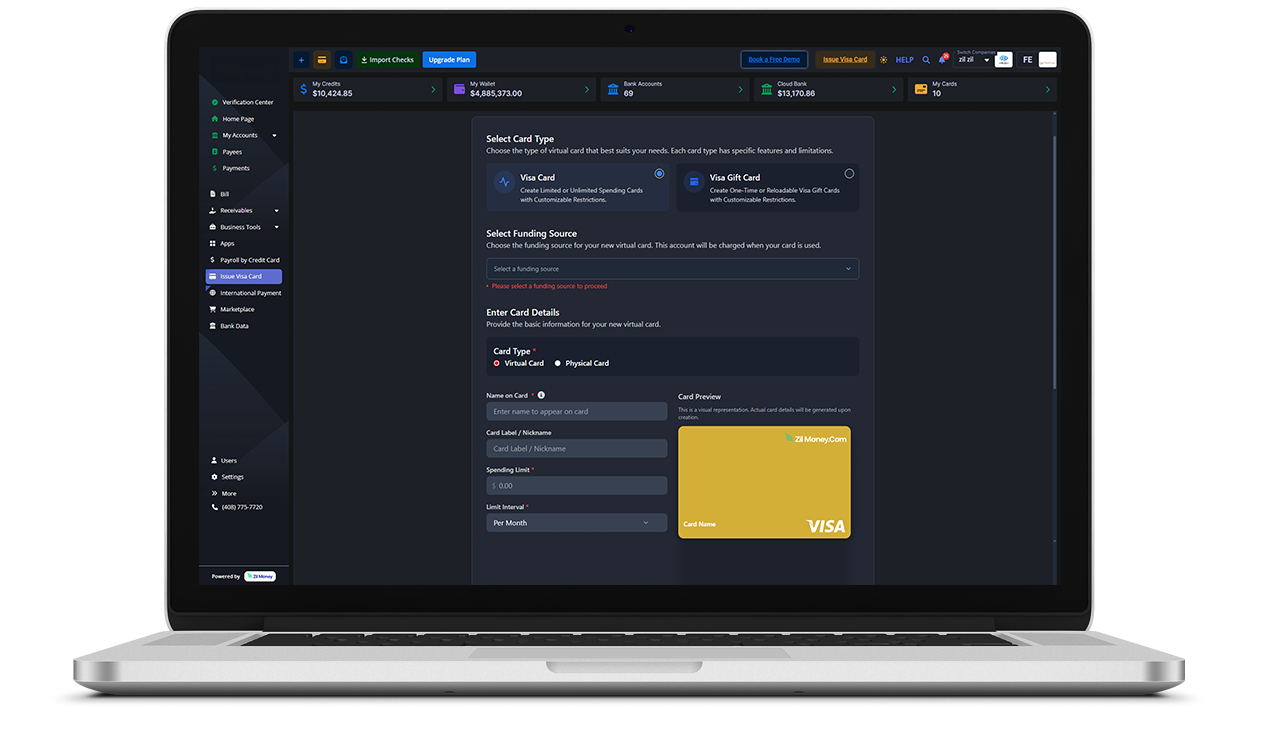 A Laptop Screen Shows a Virtual Card App Interface. Subscription Payment Cards Enable Secure Vendor Limits, Automatic Tracking