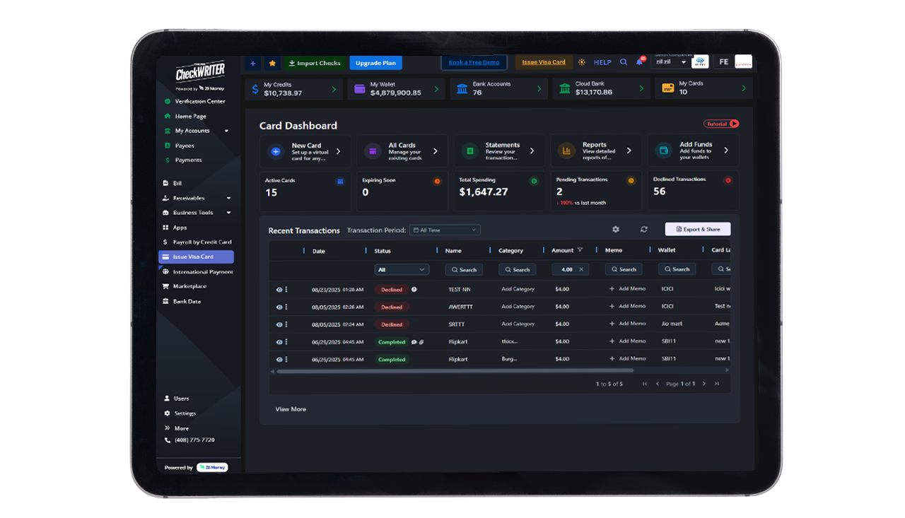 A Tablet Screen Shows a Virtual Card App Interface. Manage Expenses with Daily Limit Employee Cards. Set Spending Limits, Track Expenses
