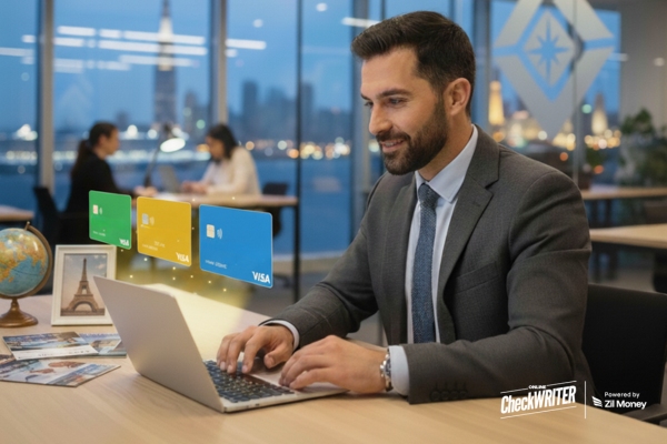 A travel manager smiles while creating Bulk Virtual Cards on a laptop, showing easy and efficient payment issuance for global travel.