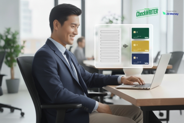 The Success Multiplier How the Excel Bulk Card Amplifies Your B2B Growth in the Digital Era Smiling businessman at a desk using a laptop. Graphics show how an uploaded file becomes multiple virtual cards using Excel Bulk Card.