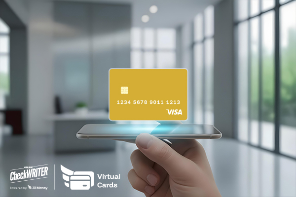 Hand holding a smartphone in an office with a 3D gold virtual card floating above it, symbolizing secure digital payments.