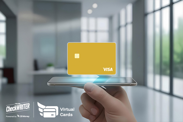 Hand holding a smartphone in an office with a 3D gold virtual card floating above it, symbolizing secure digital payments.