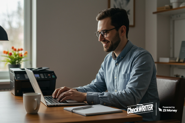 The Agility Advantage: How Instant Checks Deliver Immediate Freedom and Velocity for Modern Business Today A Man Using A Laptop To Make a Payment Easily. Instant Checks Let Businesses Act Faster with On-Demand Printing