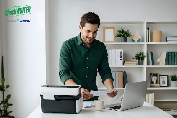 Why On-Demand Print Checks Are Key to Eliminating Barriers and Fueling Business Growth Today A Man Using a Laptop and Printer to Print Checks Easily. On-Demand Print Checks Allow Businesses to Save Up to 80%