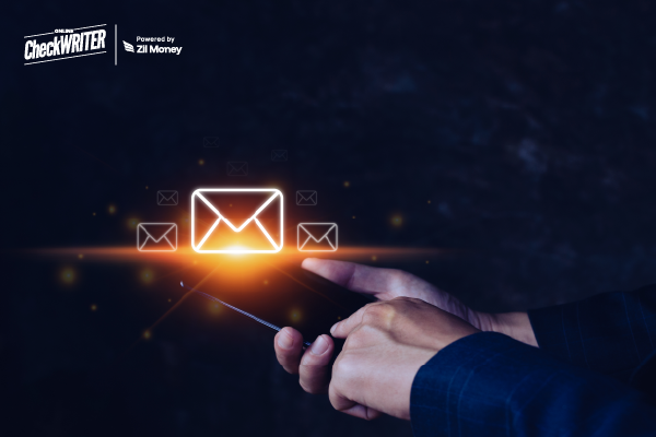 Last-Minute Payment Trouble? Check Mailing Fixes It Fast A Person Using a Smartphone to Send Digital Mail, with Glowing Envelope Icons Representing Fast and Secure Online Check Mailing.