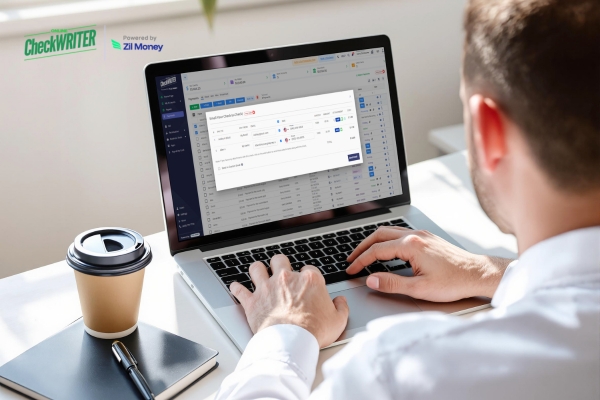 The SMBs Competitive Edge How the eCheck Guarantees Seamless Convenience and Operational Superiority Today A man using a laptop to send an eCheck through a secure email payment portal, illustrating convenience.