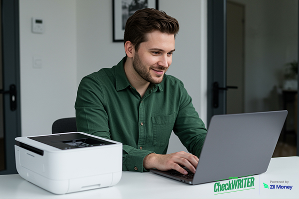 7 Reasons Blank Checks Still Matter in 2025 — And How to Use Them Smarter A Man Sitting at a Desk Using a Laptop Beside a Printer, Preparing to Print Checks Using an Online Check Printing Platform.