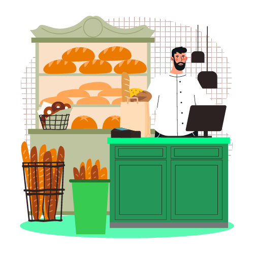 Accounting Software for Bakeries Illustration of a bakery owner standing behind a counter with bread displays and a laptop.