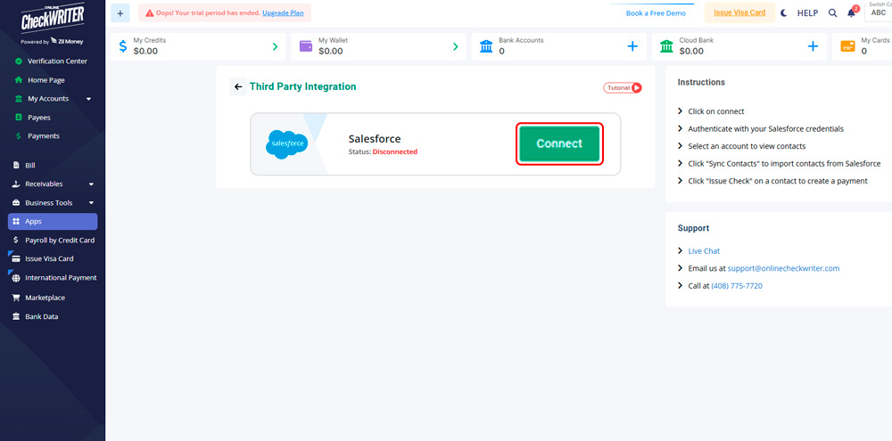 Click Connect Connect OnlineCheckWriter.com to Salesforce with one click.