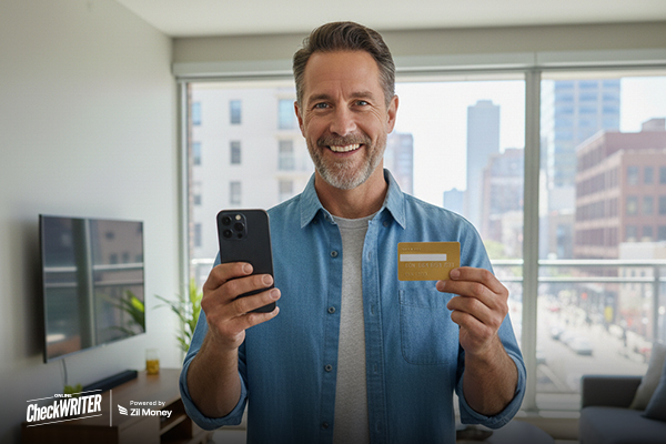 How Growing Businesses Turn Credit Card Rewards into a Quiet Advantage A smiling man holds a smartphone and credit card at home, showing how everyday payments can earn Credit Card Rewards.