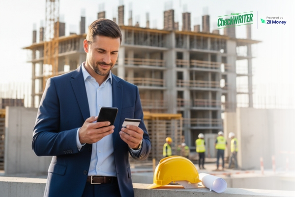 How Businesses Pay Contractors on Time Using Credit Cards When Revenue Is Delayed Man in suit at construction site using phone to pay contractors via ACH using credit card securely.