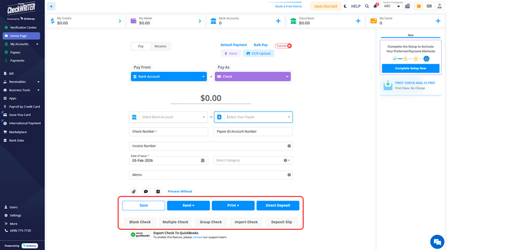 Issue Checks Create checks and pick how to send them. Print yourself or we mail them