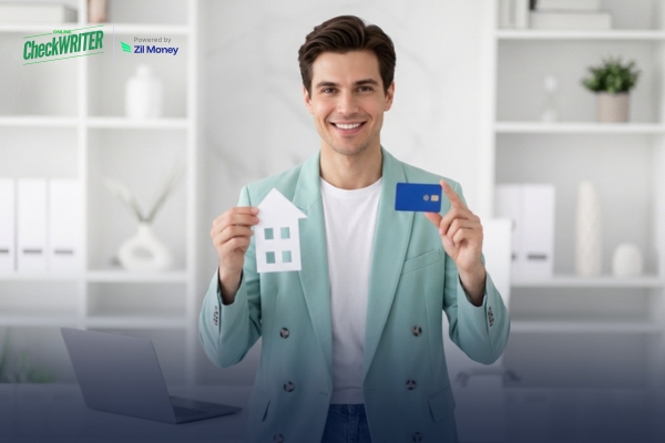 Stuck in a Cash Flow Crunch Credit Cards Can Help You Pay Rent Man holding house cutout and credit card showing how to Pay Rent With Any Credit Card easily and securely.