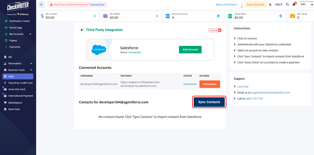 Sync Contacts Click “Sync Contacts” to import contacts directly from Salesforce into OnlineCheckWriter.com