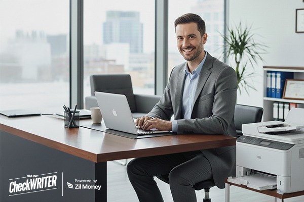 Why Printing Your Own Checks Is the Smart Move for Your Business Business owner printing checks at office desk using laptop and printer as a Wells Fargo Checks alternative for faster payments.