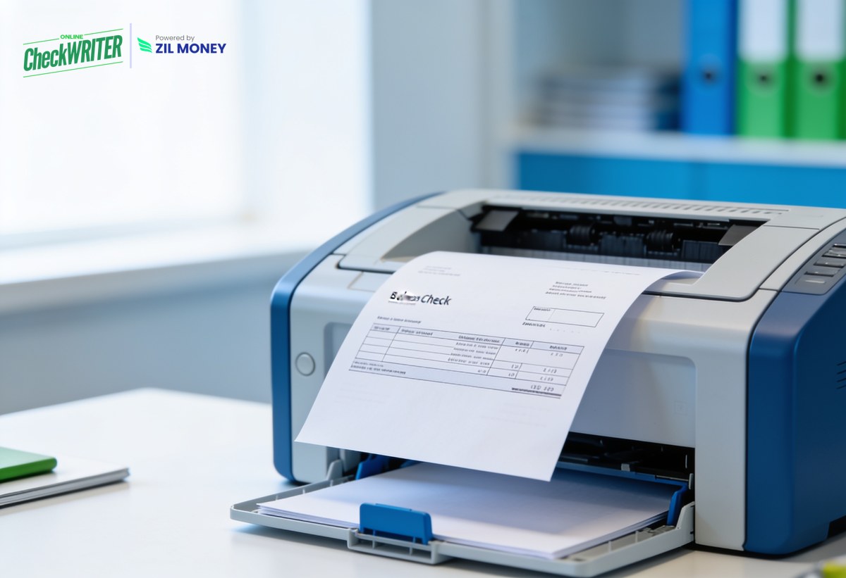 Business check printing — laser printer printing a check on blank stock (new logo) Office laser printer printing a business check on blank stock paper on demand