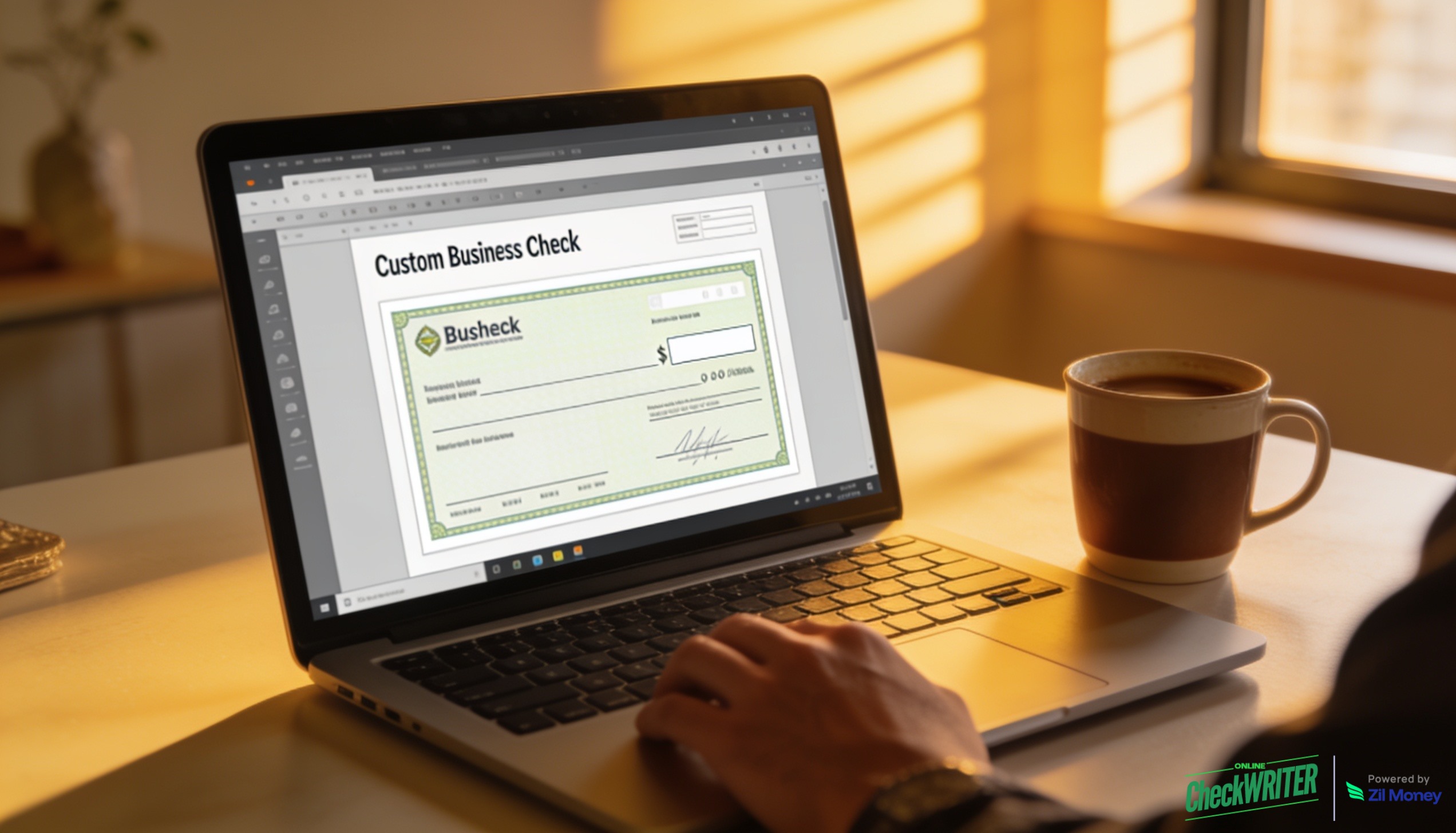 Design a Check Online — Laptop Workspace Entrepreneur designing a custom business check on a laptop in a modern home office