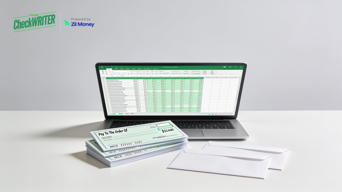 Mail Checks From Google Sheets with OnlineCheckWriter.com Mailing checks from a Google Sheet with OnlineCheckWriter.com, showing a spreadsheet on a laptop, a stack of business checks, and mailing envelopes