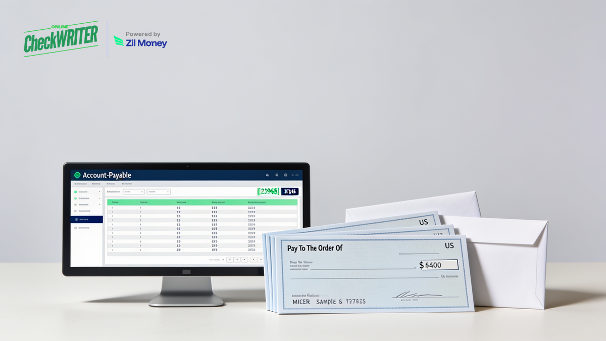 NetSuite Check Mailing with OnlineCheckWriter.com NetSuite check printing and mailing with OnlineCheckWriter.com, showing an accounts payable dashboard, a stack of business checks, and mailing envelopes