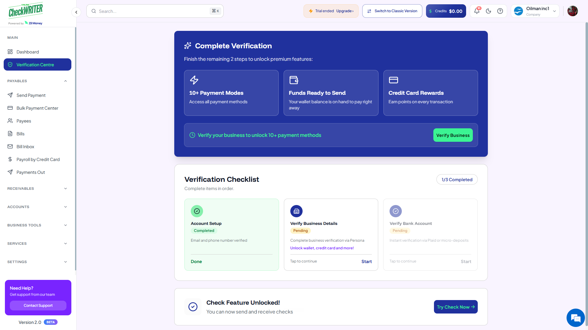 The redesigned OnlineCheckWriter.com 2.0 dashboard, showing the new sidebar navigation, verification center, and payables menu