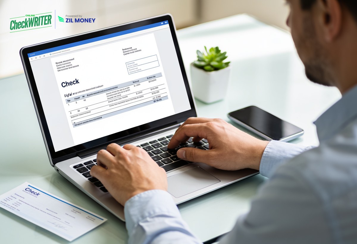 Pay by check online — business owner sending a check from a laptop (new logo) Small business owner paying by check online on a laptop showing a digital check