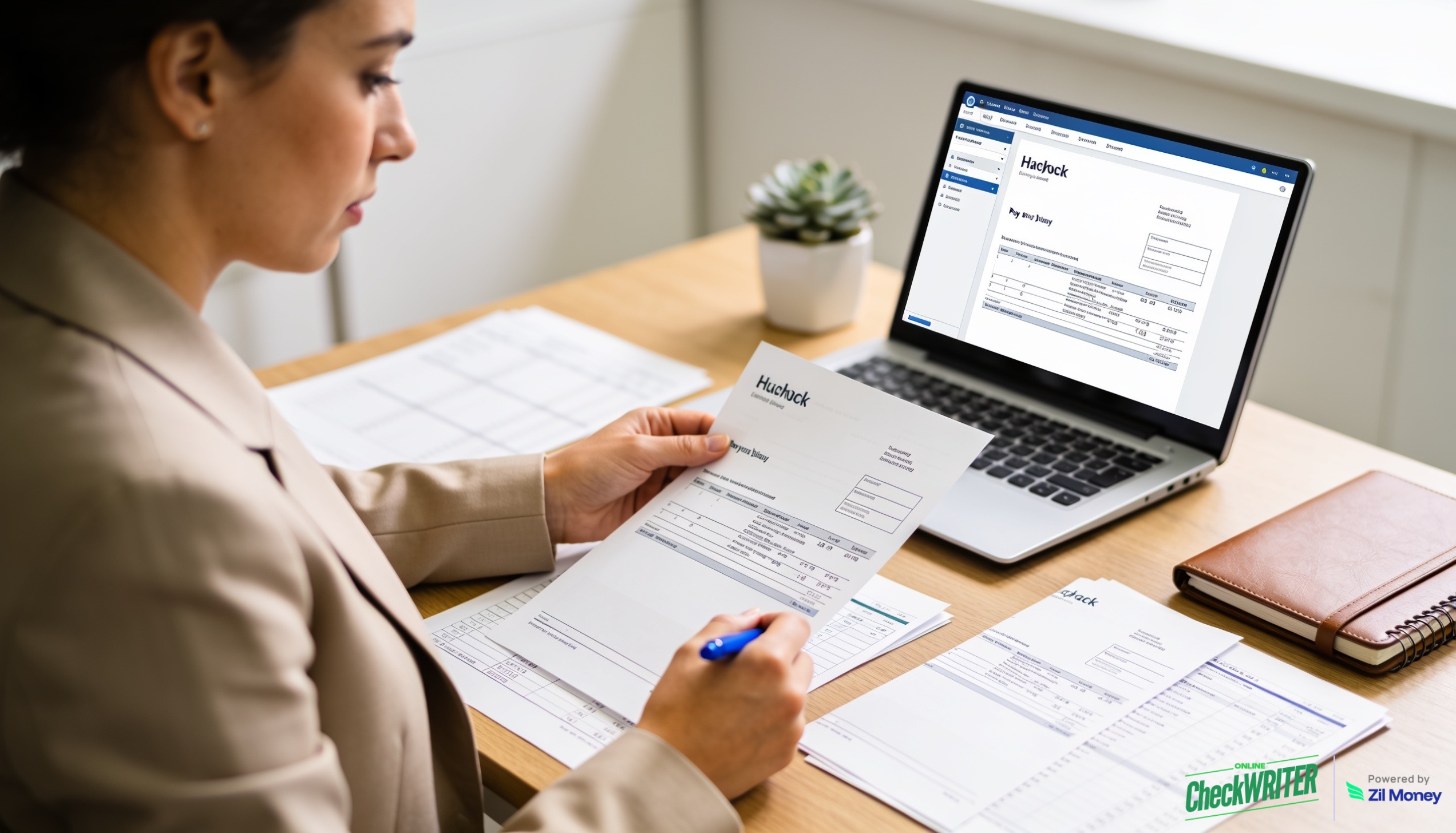 Paycheck Stub — Small Business Payroll Small business owner reviewing paycheck stubs and payroll documents at a modern desk