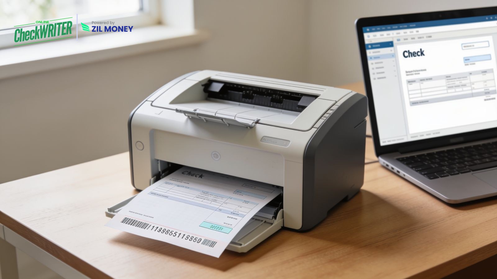 Printing a check at home on a desktop printer with OnlineCheckWriter A desktop laser printer printing a bank-approved check at home next to a laptop showing the OnlineCheckWriter.com check dashboard