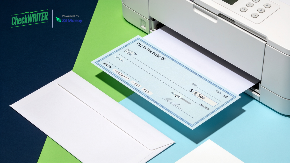 QuickBooks Check Printing and Mailing with OnlineCheckWriter.com Printing and mailing a QuickBooks check with OnlineCheckWriter.com, showing a printer, a business check, and a mailing envelope