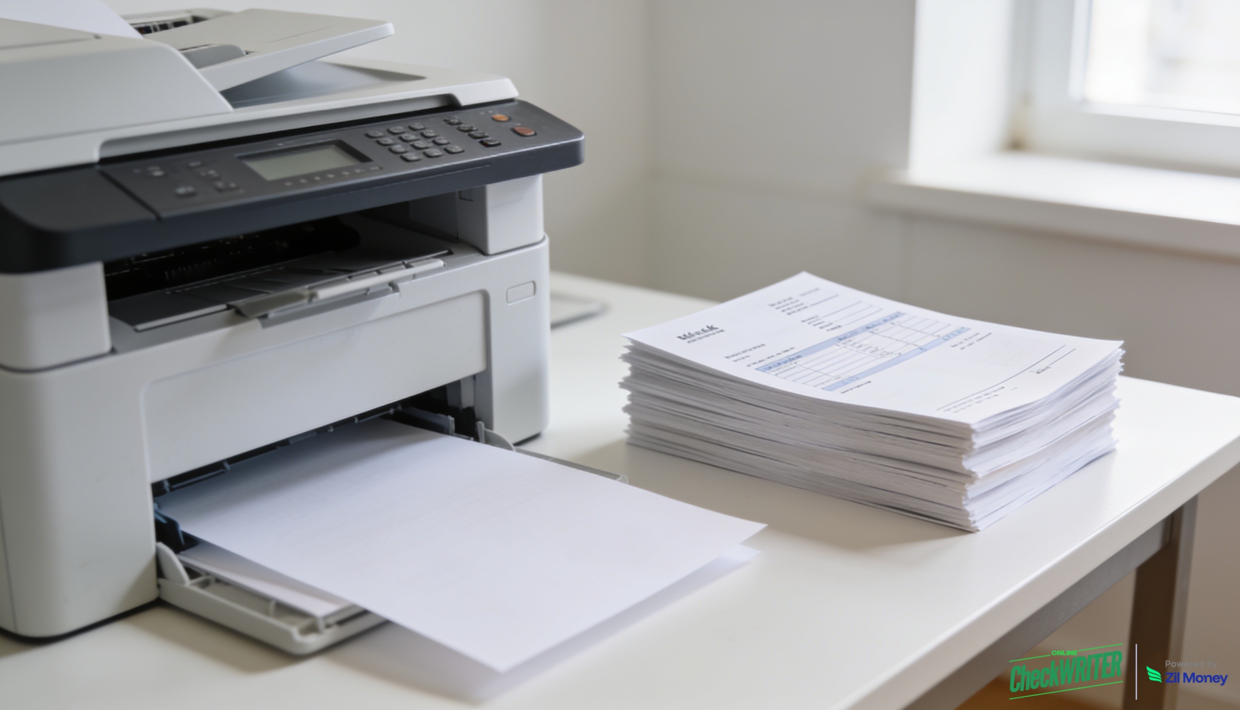 Unlimited Check Printing — Laser Printer Office Modern office laser printer printing business checks on blank white paper