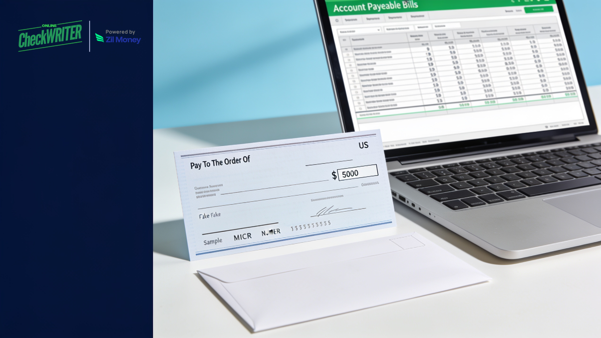 Xero Check Printing and Mailing with OnlineCheckWriter.com Xero check printing and mailing with OnlineCheckWriter.com, showing an accounts payable dashboard, a business check, and a mailing envelope