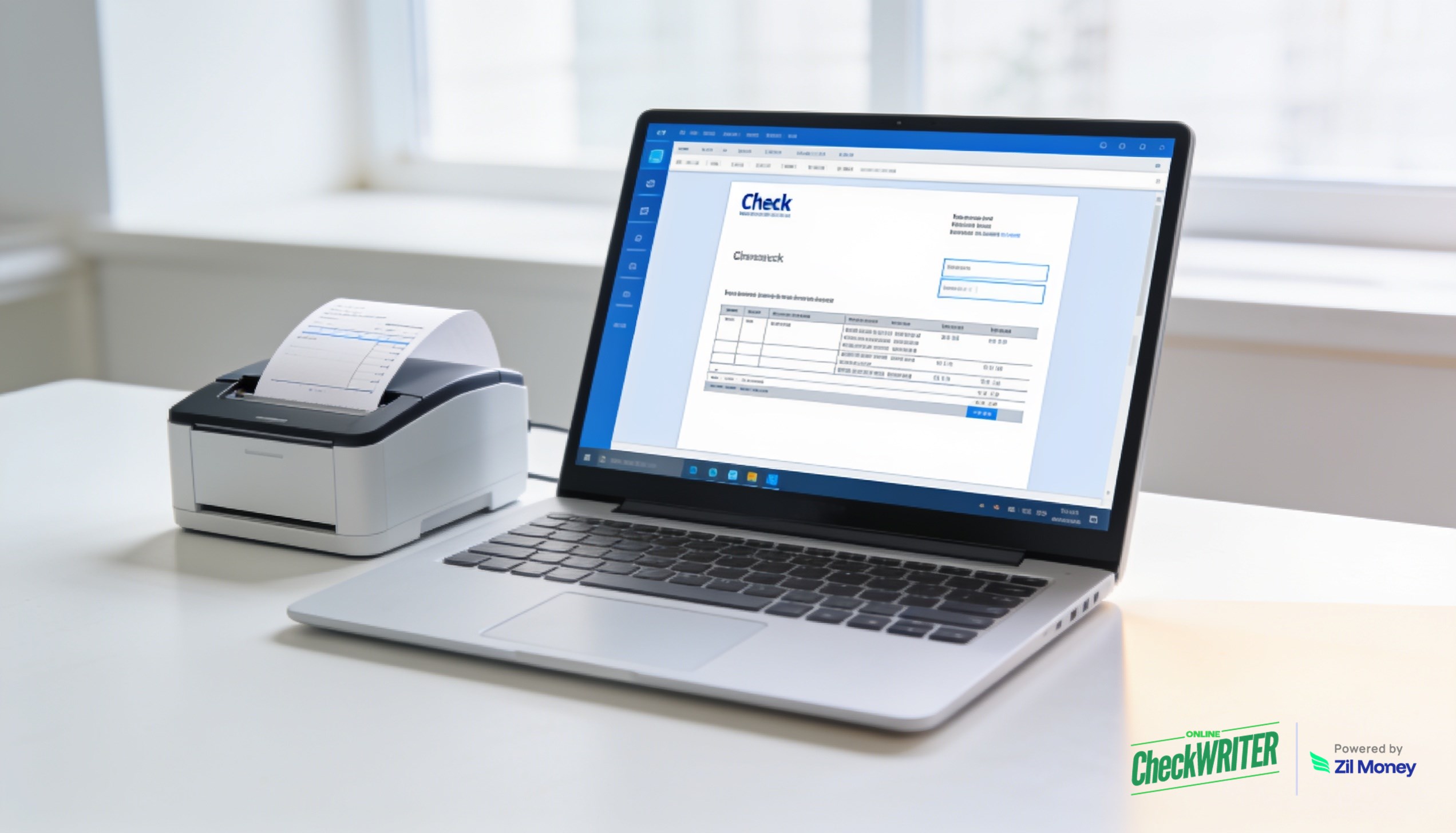 Create a check draft online Laptop and printer creating a check draft online on blank paper with OnlineCheckWriter.com
