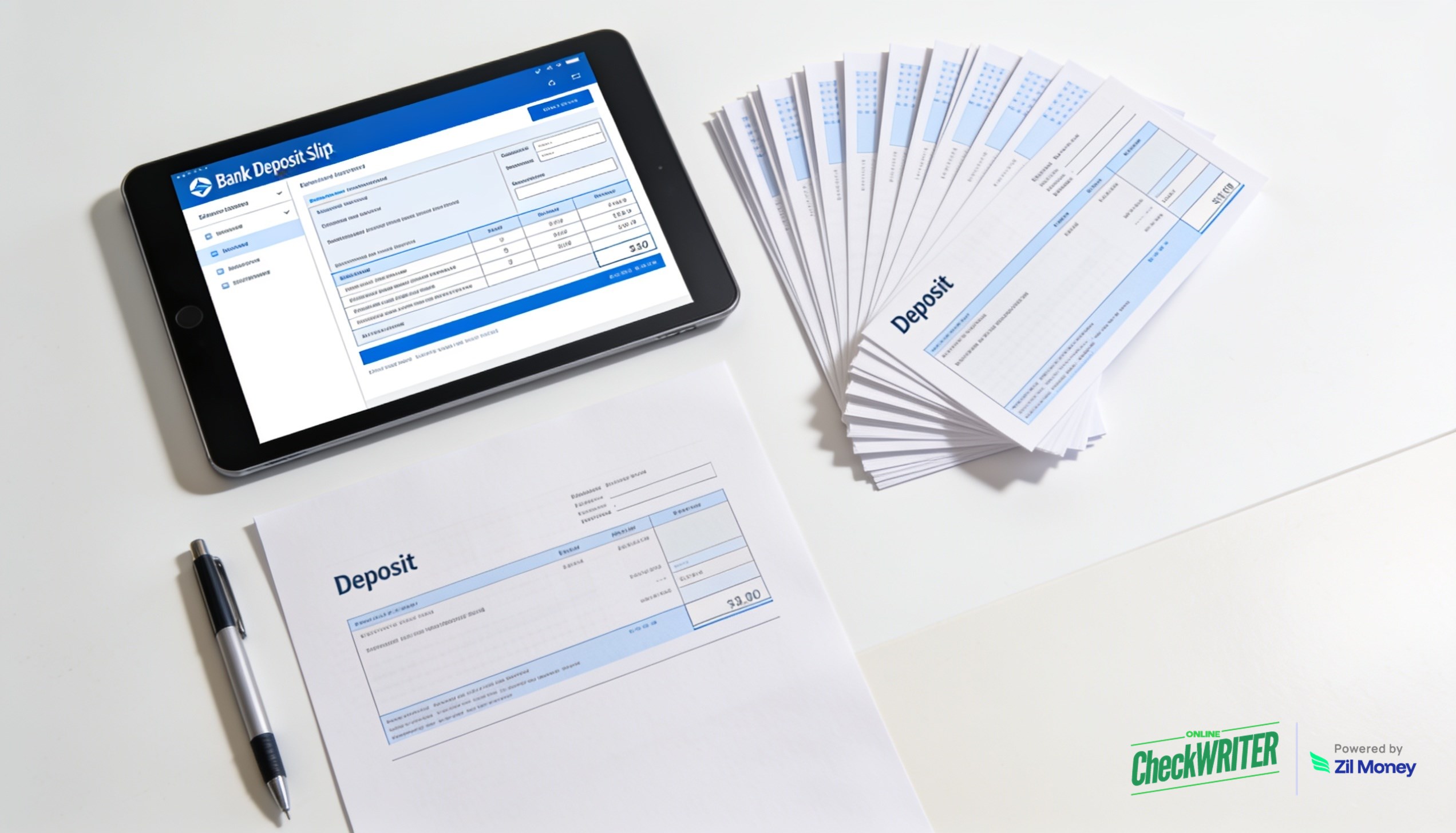Create deposit slips online Bank deposit slips created online shown on a tablet with printed slips on a desk