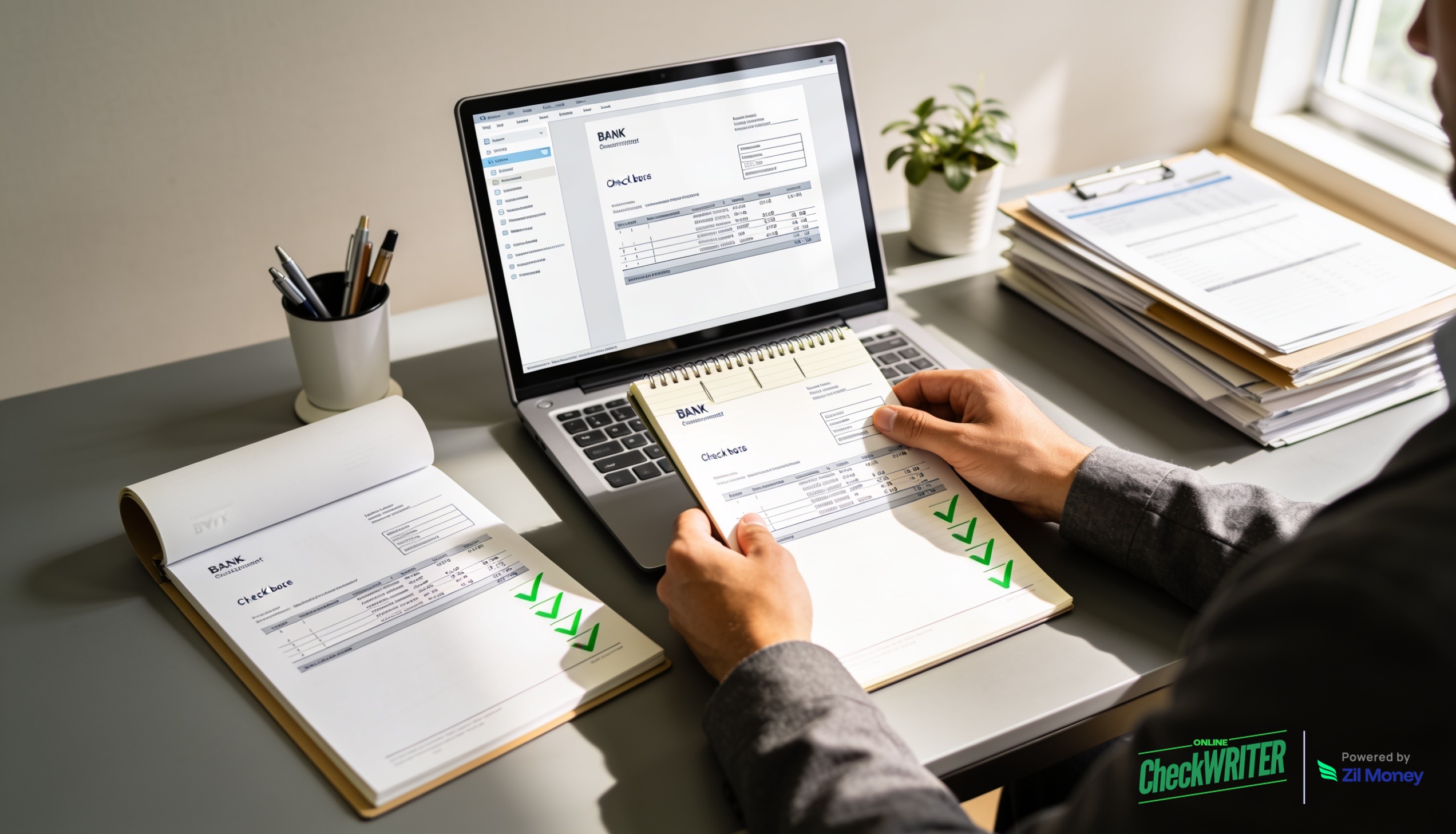 clear-checkbook-online-ocw accountant reconciling checkbook on laptop with financial dashboard