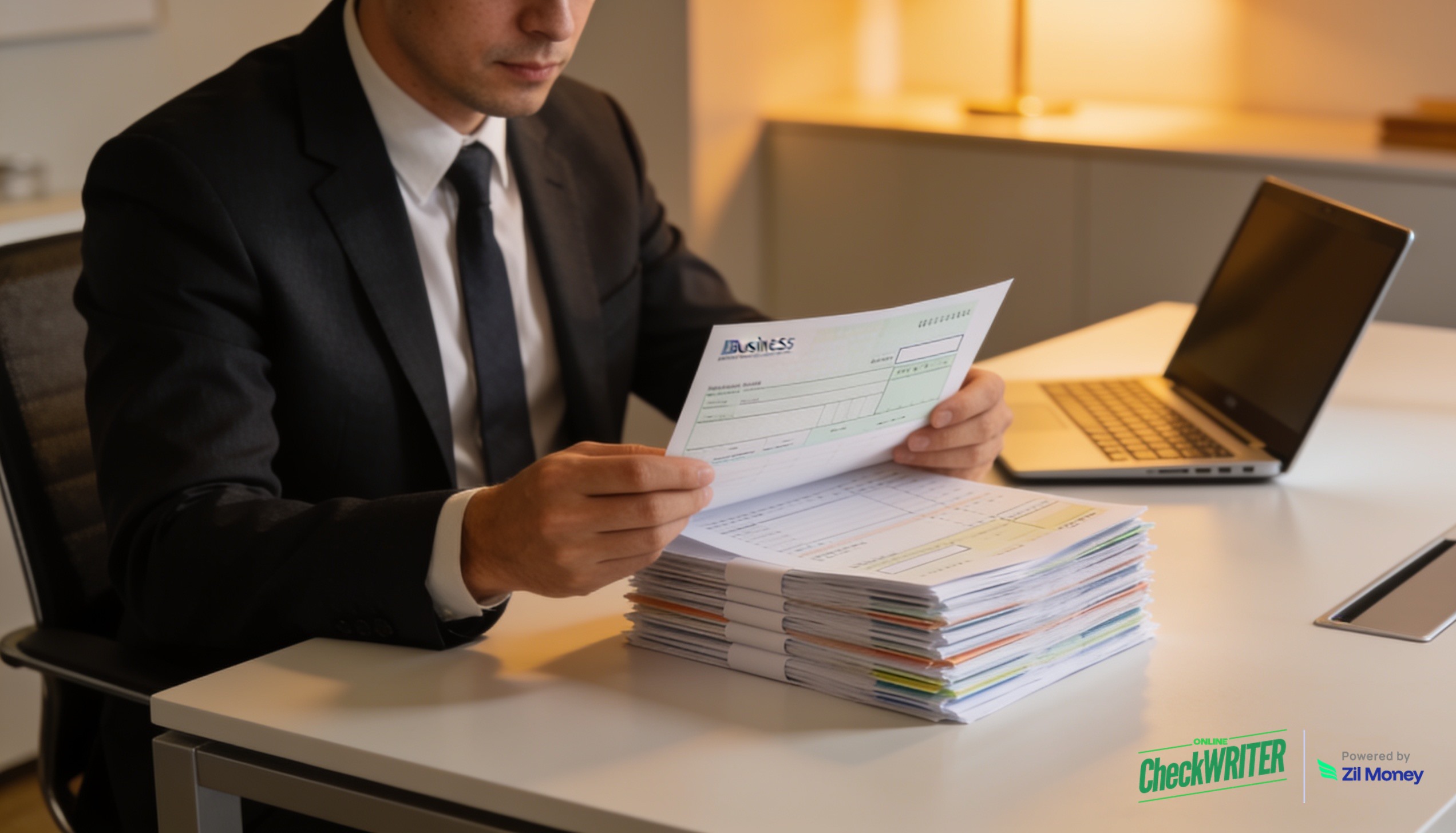 vistaprint-business-checks-ocw business professional reviewing printed business checks at office desk