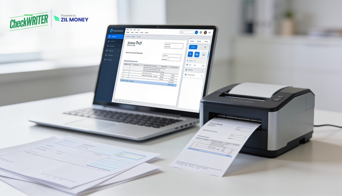 Customize your check layout and format online Laptop showing a check design editor beside a printer printing a check on blank stock