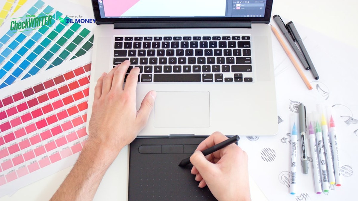 6 Reasons to Design a Check Online Instead of Ordering Pre-Printed Stock Small business owner using OnlineCheckWriter.com to design a check online with a custom logo