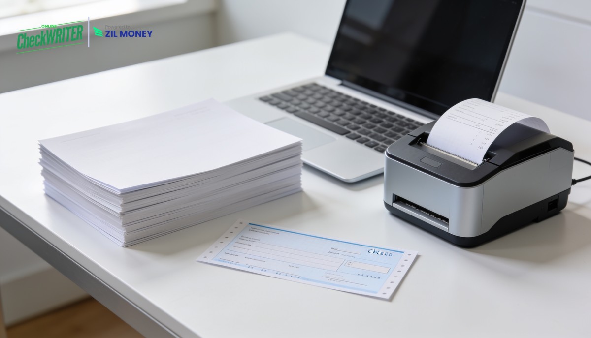 Order blank checks online and print them yourself Blank check stock and a printed check on an office desk beside a laptop and printer