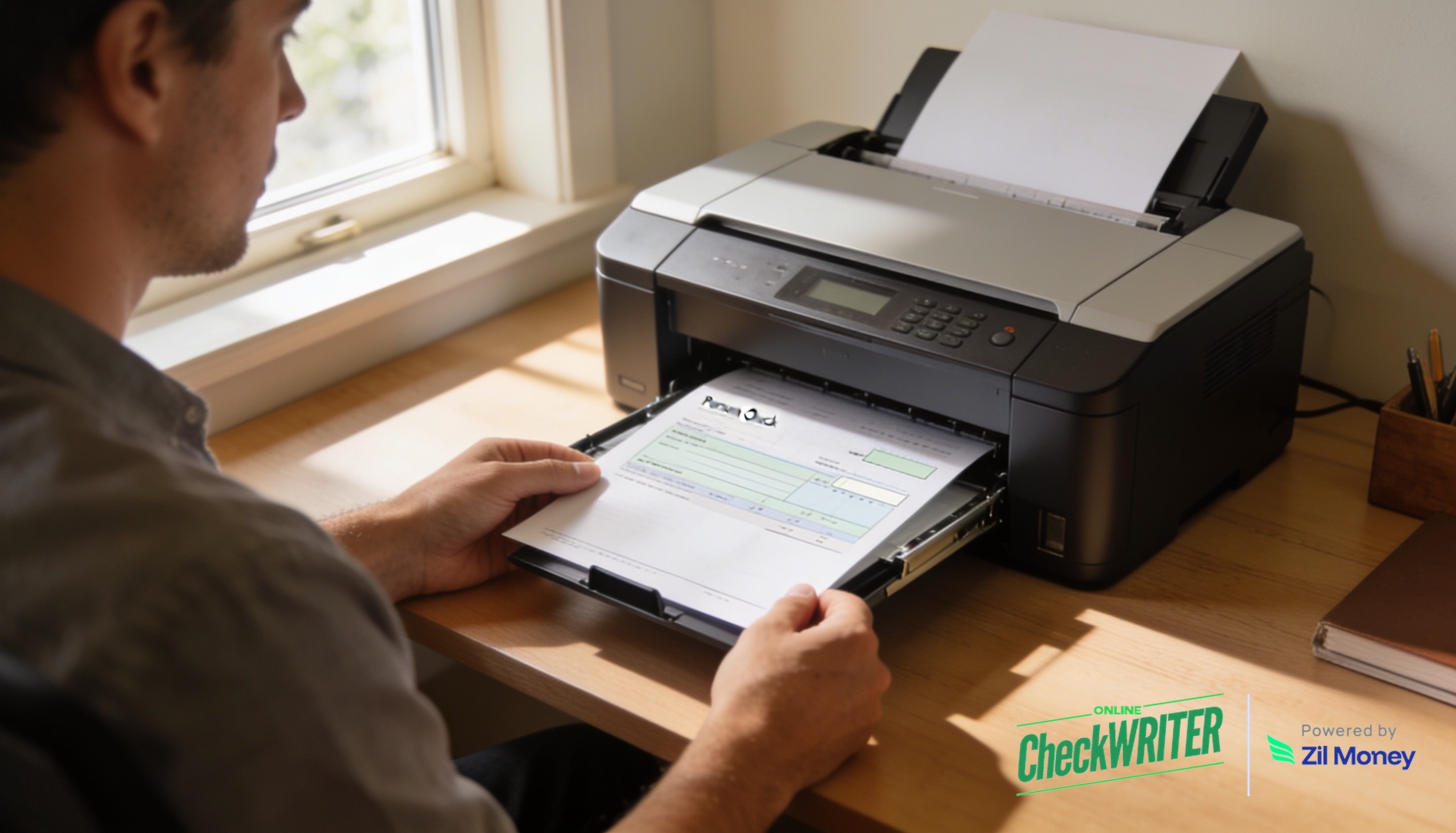 Print Your Own Personal Checks Featured Image Person printing a personal check at home desk — print your own personal checks with OnlineCheckWriter.com