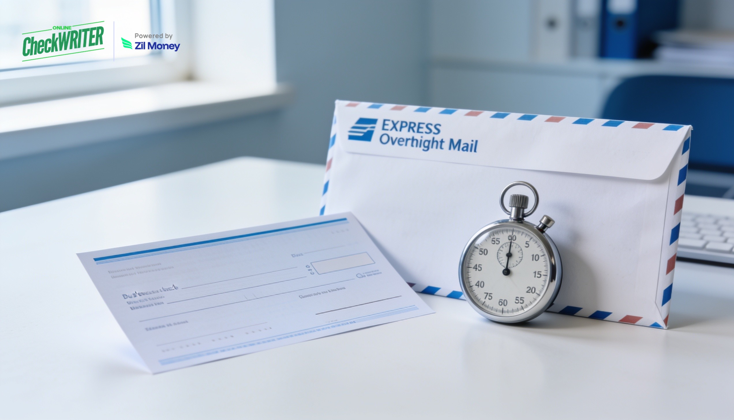 Overnight Check Mailing Service – OnlineCheckWriter Business check beside an express overnight mail envelope and a stopwatch, illustrating an overnight check mailing service