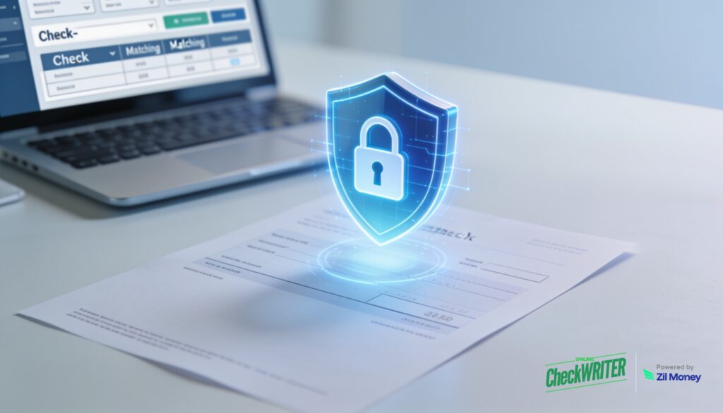 Paper check protected by a digital security shield with a check-matching dashboard, showing positive pay for check fraud prevention