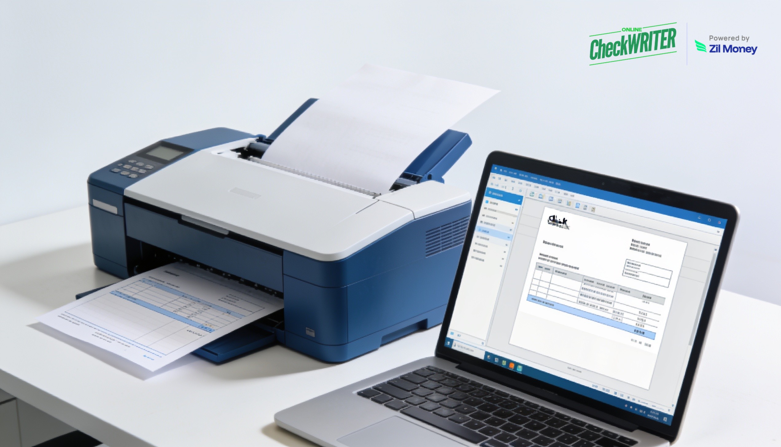 Print Bank of America Checks Online – OnlineCheckWriter Printer printing a business check next to check printing software on a laptop, used to print Bank of America checks online