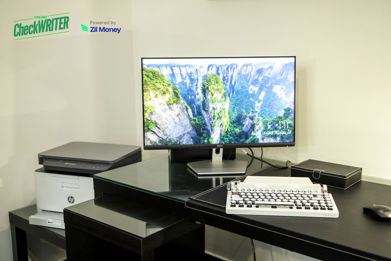 Print Checks at Home – Home Office with a Printer – OnlineCheckWriter.com Powered by Zil Money A bright home office desk with a printer, ready to print checks at home