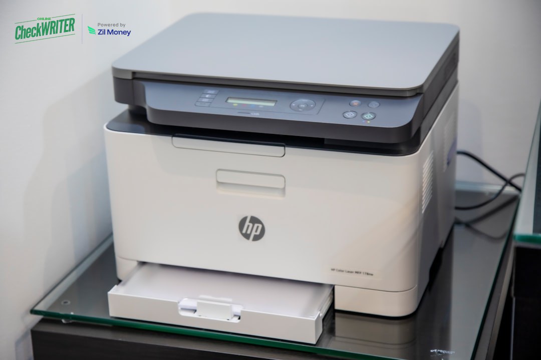 Printing checks on demand with a standard office printer A standard office laser printer used to print checks on demand on blank check stock