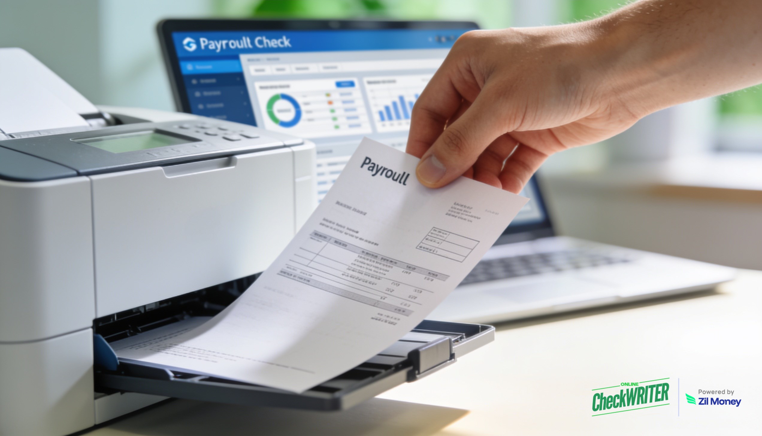 Print Gusto payroll checks online A freshly printed Gusto payroll check lifted from a printer beside a payroll dashboard
