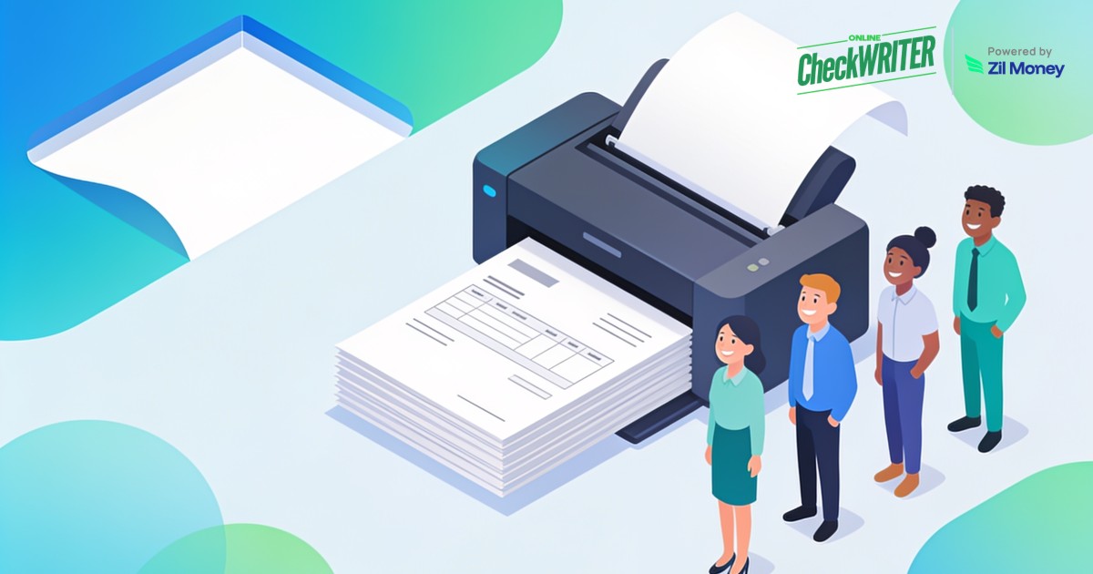 print-payroll-checks-online-ocw-illus Print payroll checks online illustration of a printer and happy employees