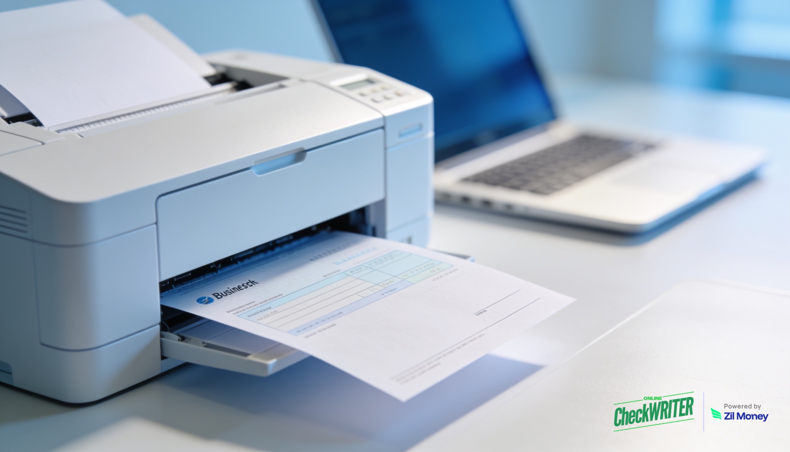 Print Wells Fargo checks online A business check printing from a desktop printer on blank paper next to a laptop