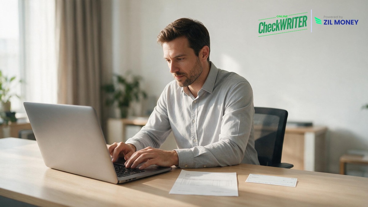 Bill and Invoice Check from PDF Featured Image Business professional reviewing an invoice and check while working on a laptop