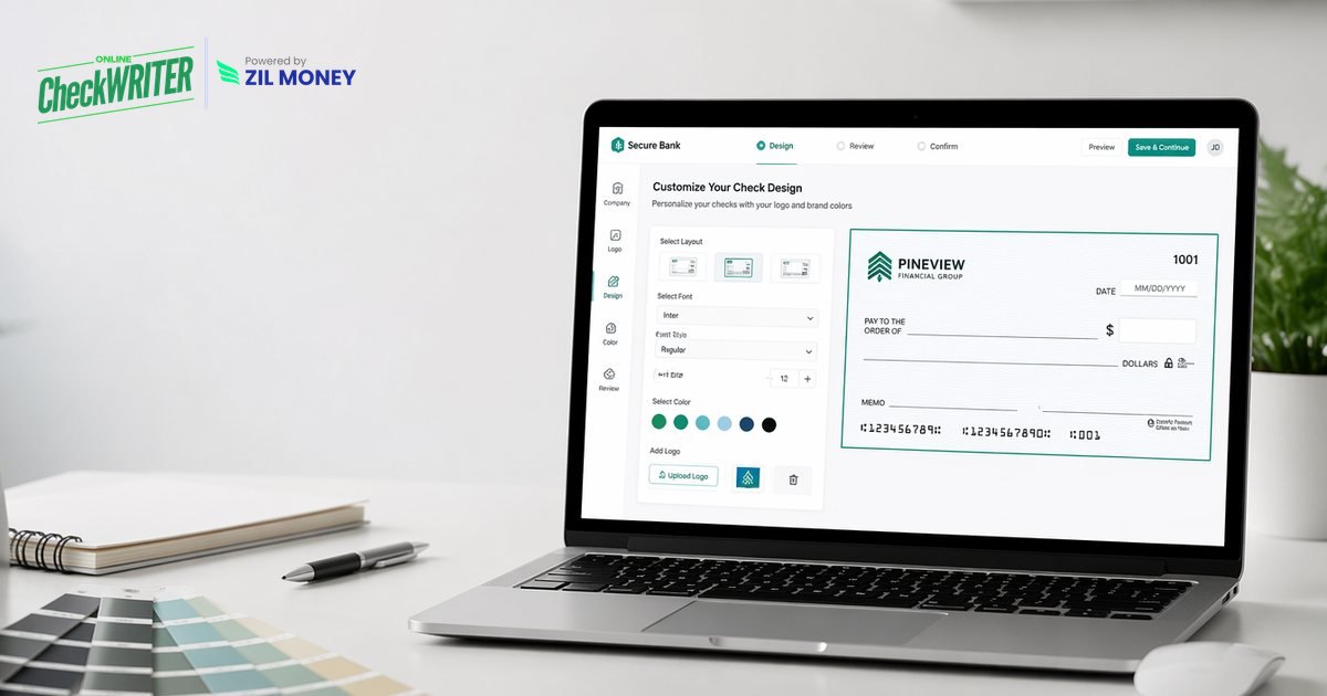 Check Designer Tool on a Laptop Check designer tool on a laptop customizing a bank check with logo and colors